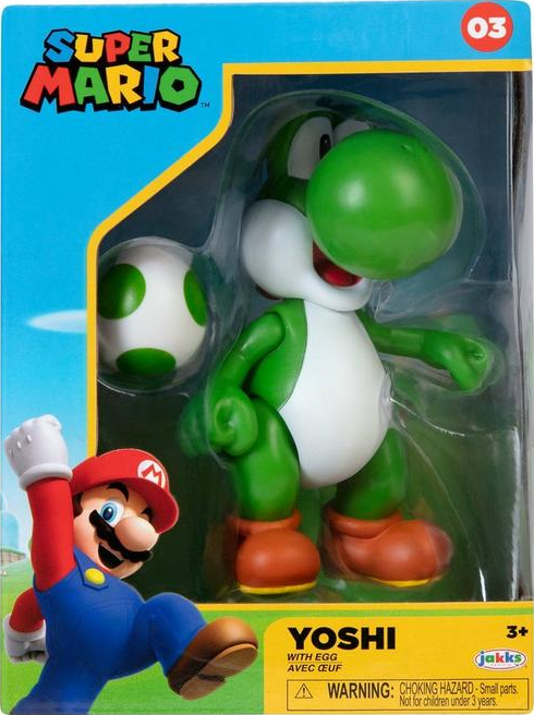 Une figurine de Super Mario de Yoshi avec un œuf dans une boîte d'exposition.