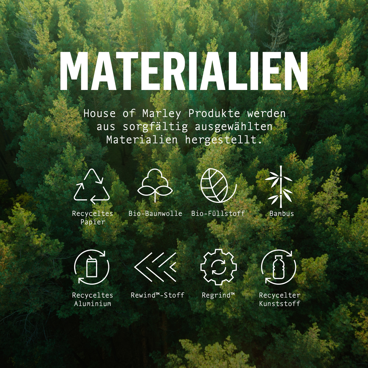 Un'immagine con testo sui prodotti House of Marley e materiali ecologici.