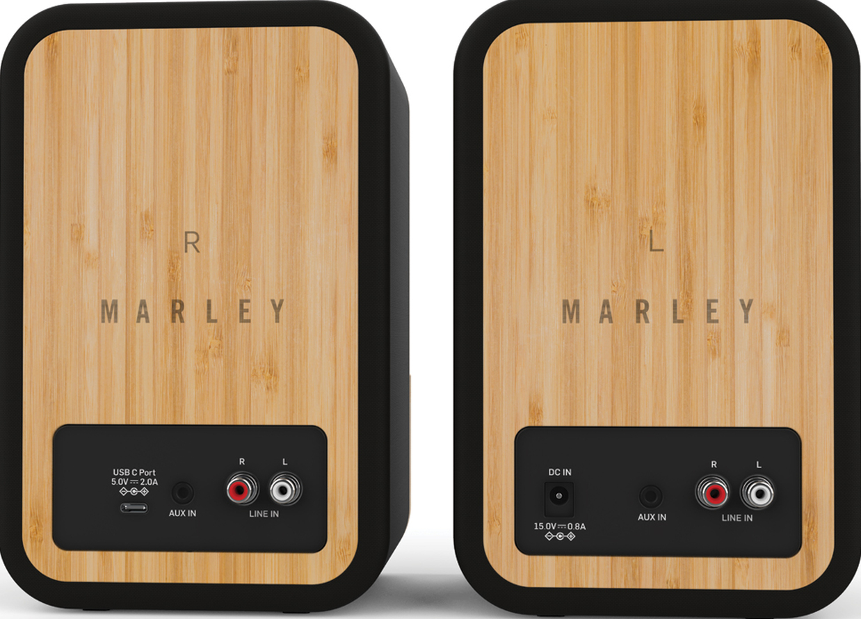Due altoparlanti in legno. Ognuno ha una porta AUX, una porta USB e il marchio Marley è visibile.
