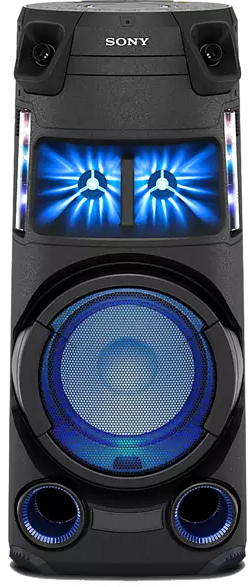 Zwarte Sony-luidspreker met blauwe lichten en een zwarte achtergrond.