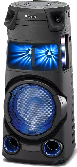 Zwarte Sony-luidspreker met blauwe lichten en een mesh-voorkant. Lang, cilindrisch ontwerp.
