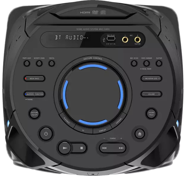 Zwart audiosysteem met meerdere knoppen en een blauw verlichte cirkel.