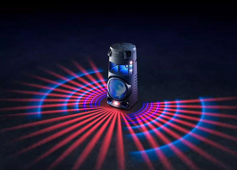 Zwarte luidspreker die rode en blauwe lichtstralen uitzendt.