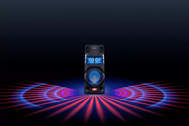 Zwarte speaker met lichten die rode en blauwe golven projecteren.