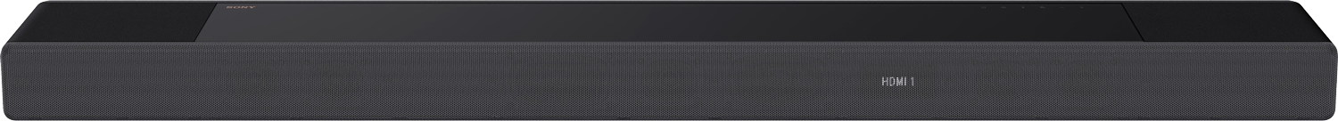 Zwarte Sony soundbar, eenvoudig ontwerp, met HDMI-label, tegen donkere achtergrond.