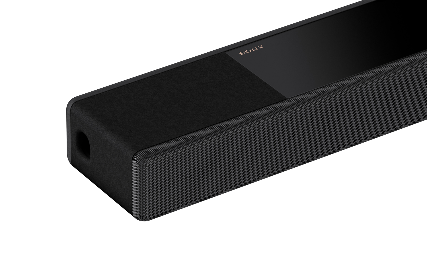 Zwarte Sony soundbar met een mesh voorkant en een glanzende bovenkant.