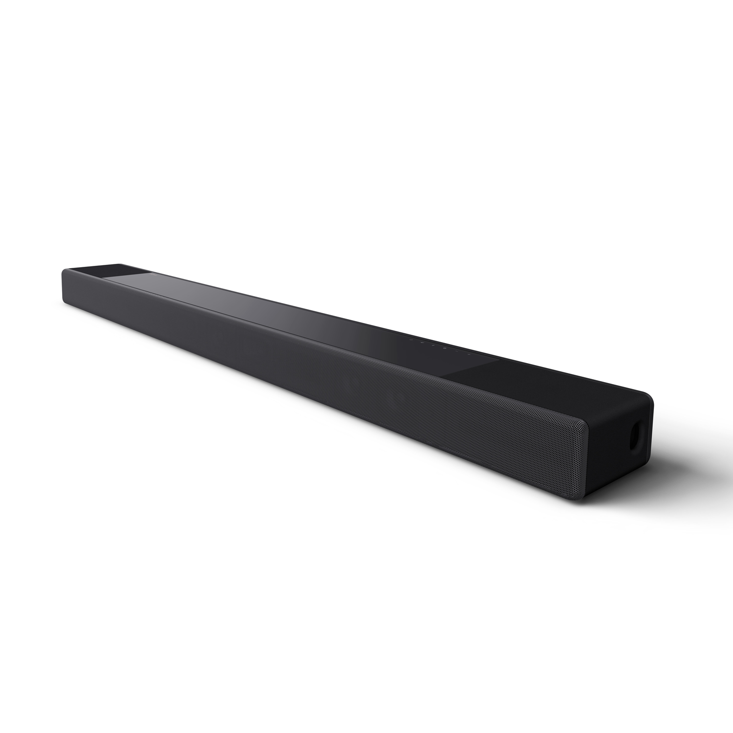Een zwarte soundbar op een witte achtergrond. Het is lang en rechthoekig.