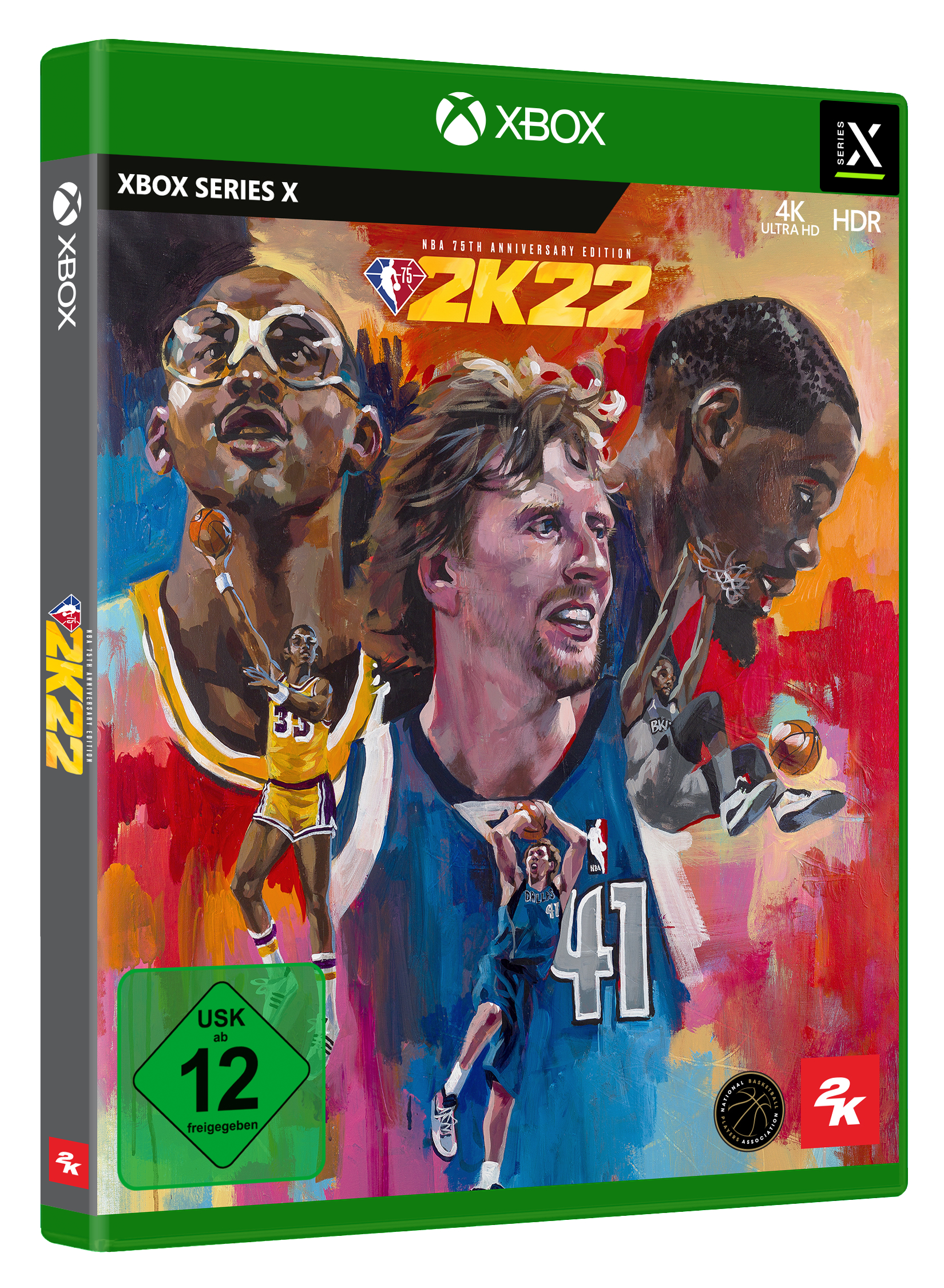 Xbox Series X Spielbox. NBA 2K22. Zeigt Spieler in Aktion. Grüne USK 12 Bewertung.