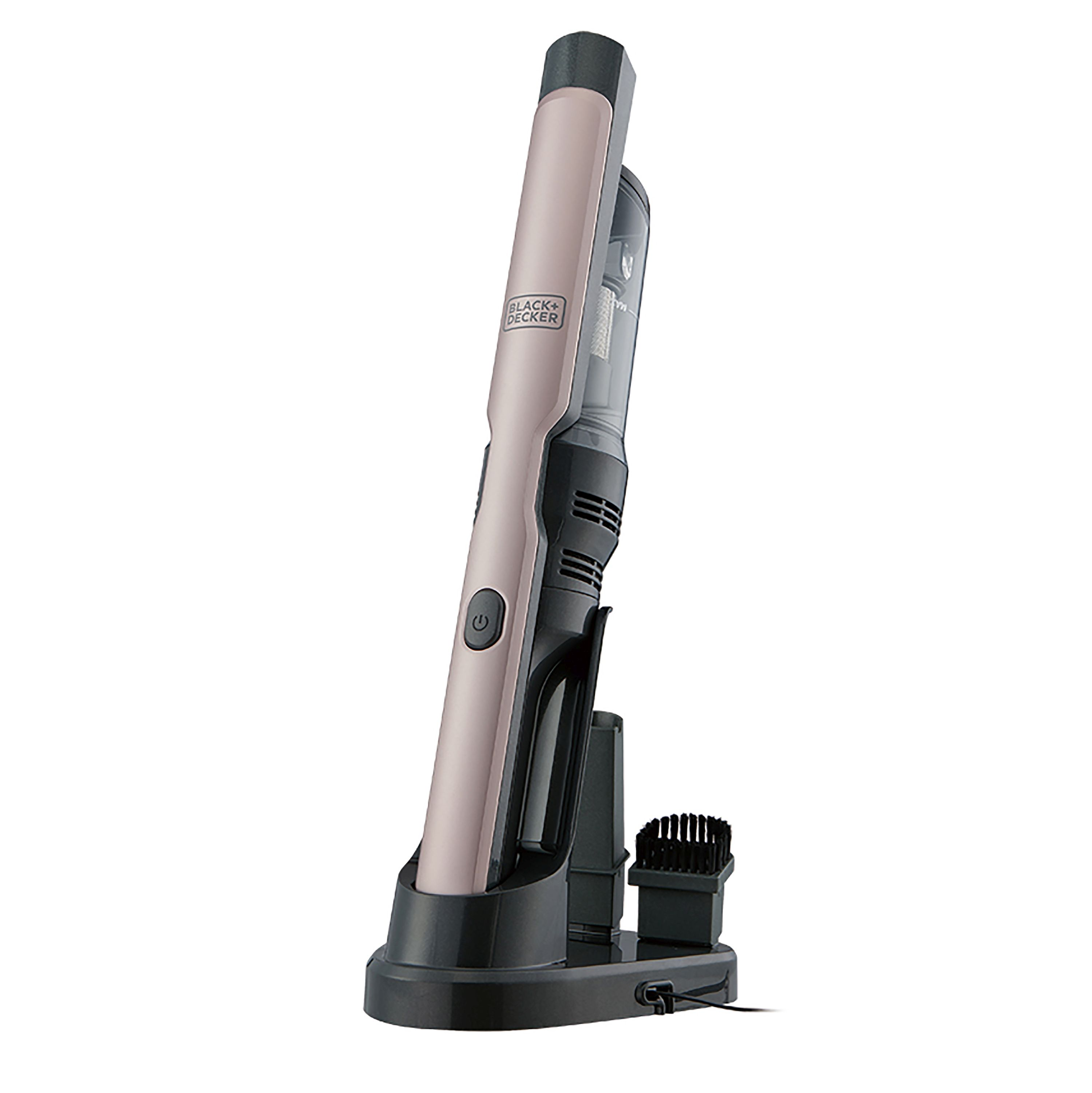 Kabelloser Black and Decker Staubsauger mit rosa Details auf einer Ladestation.