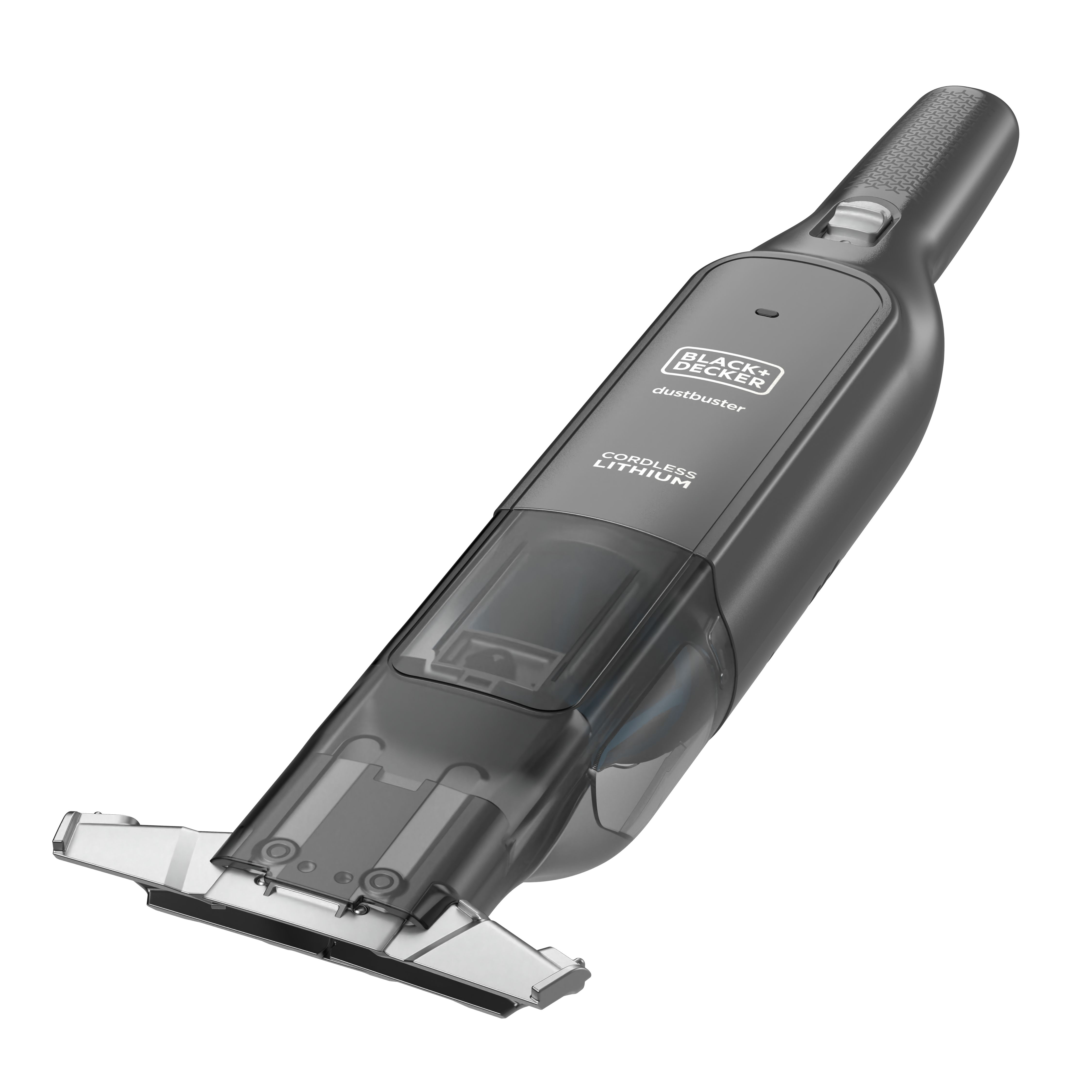 Ein schwarzer und grauer Handstaubsauger. Der Markenname „Black+Decker“ ist darauf zu sehen.