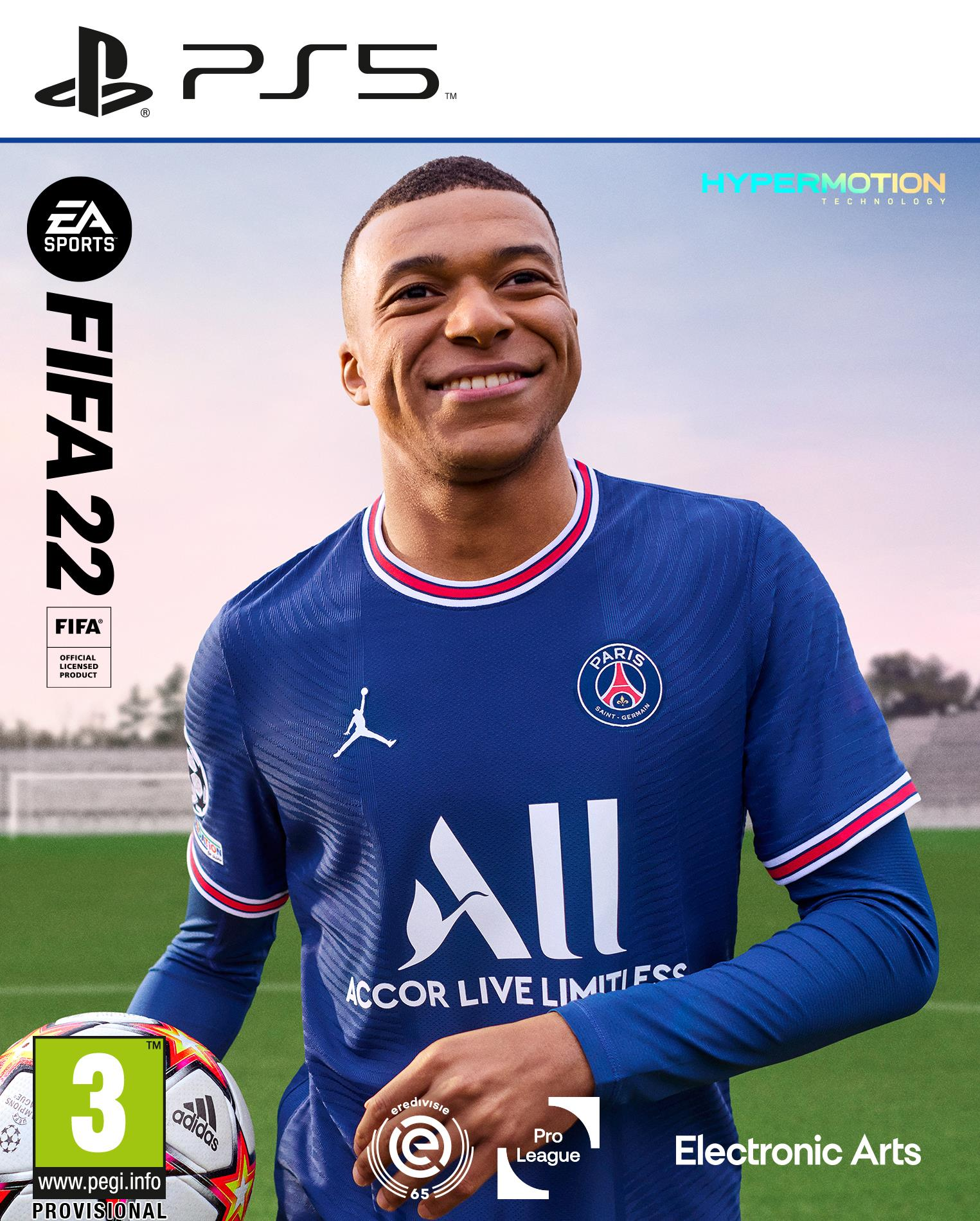 FIFA 22 game cover. Speler in blauw, rode en witte achtergrond. PS5 logo.