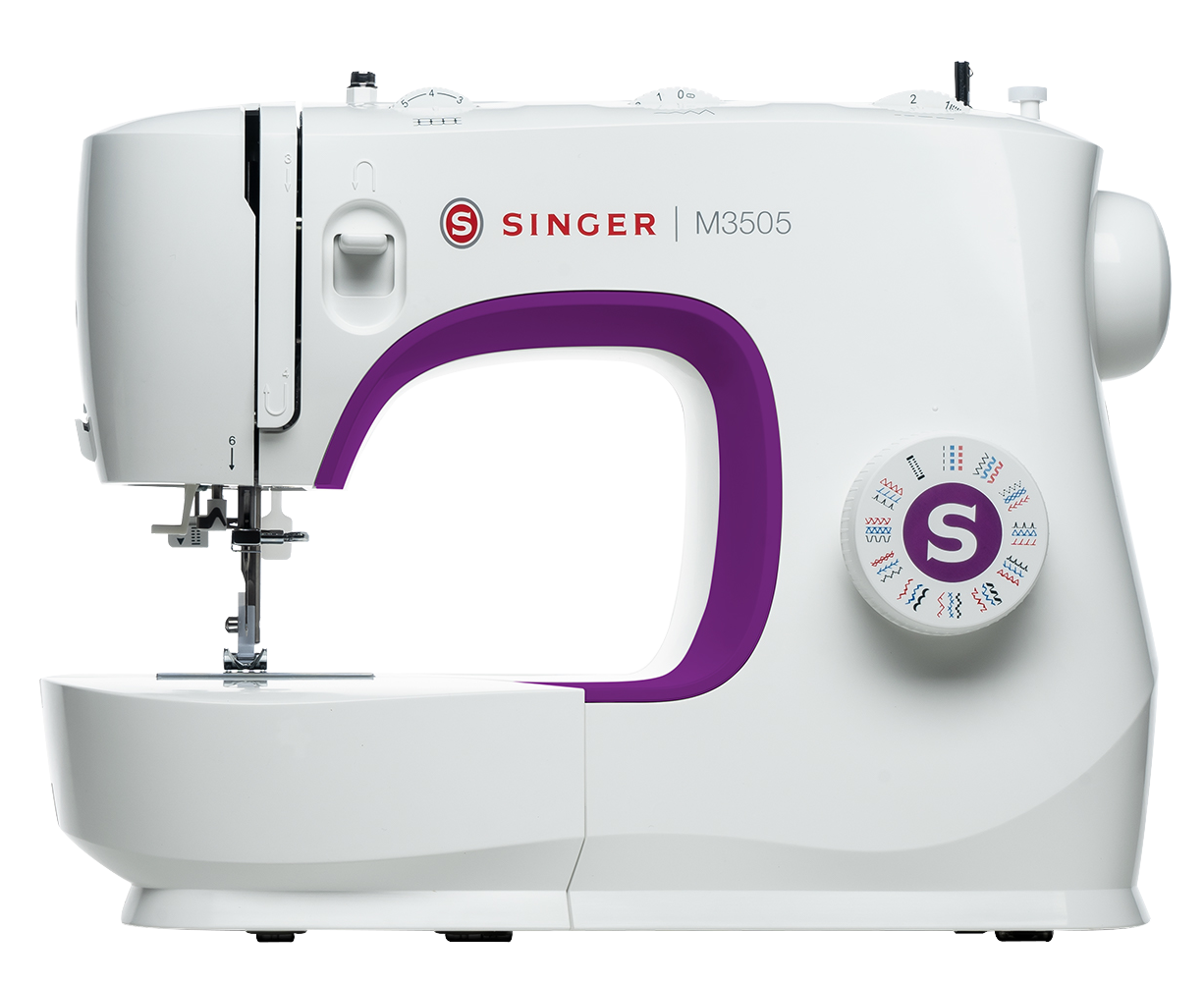 Fehér Singer varrógép lila díszítéssel. A modellszám M3505. Fehér háttér.