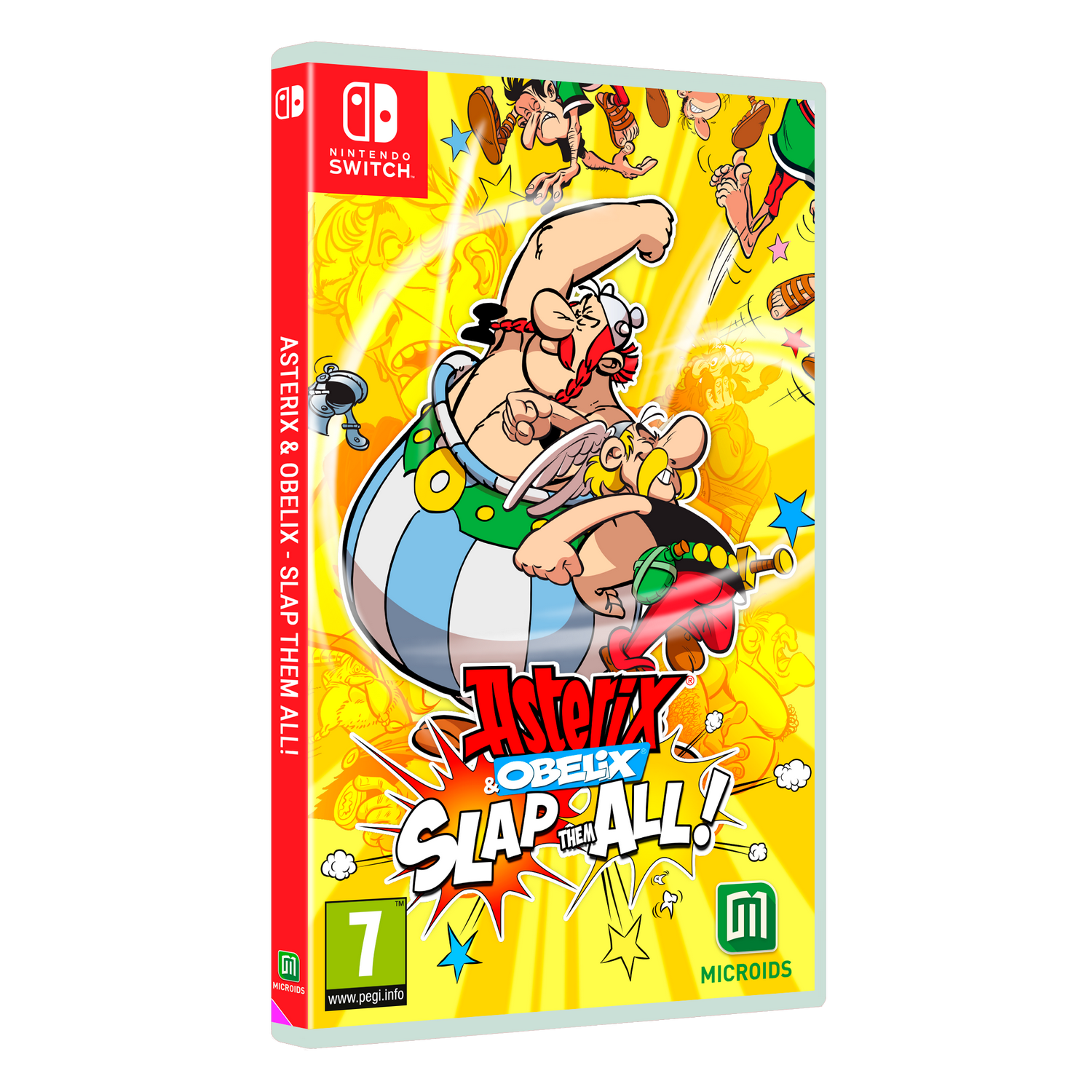 Caja de juego de Nintendo Switch de Asterix y Obelix, con personajes de dibujos animados y fondo amarillo.
