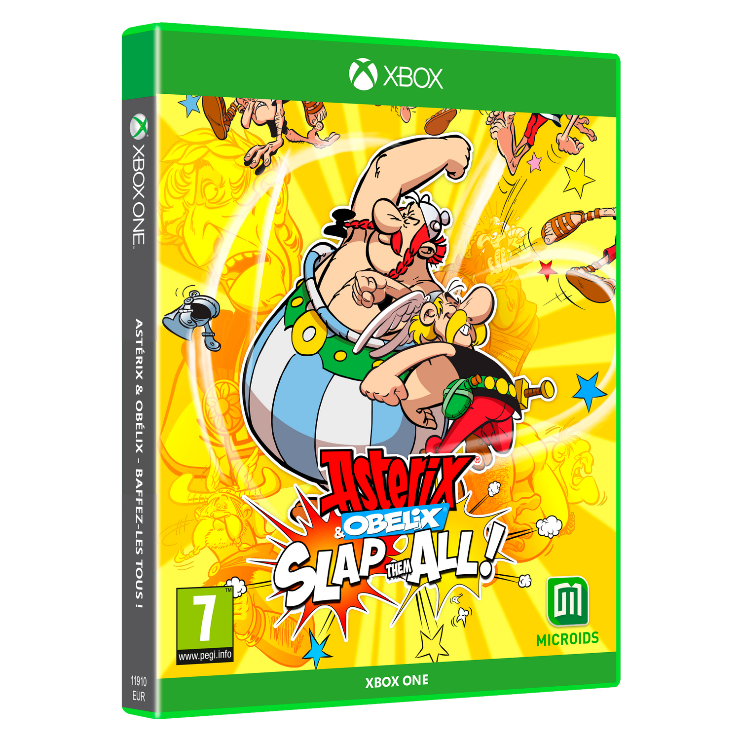 Una caja de juego con Asterix y Obelix, con un fondo verde y el logo de Xbox.