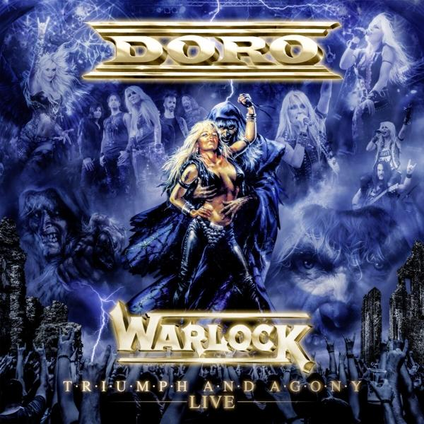 Albumcover für Doros 'Triumph and Agony Live' zeigt Doro und einen Dämon. Weitere Bandmitglieder und eine Menge sind im Hintergrund.