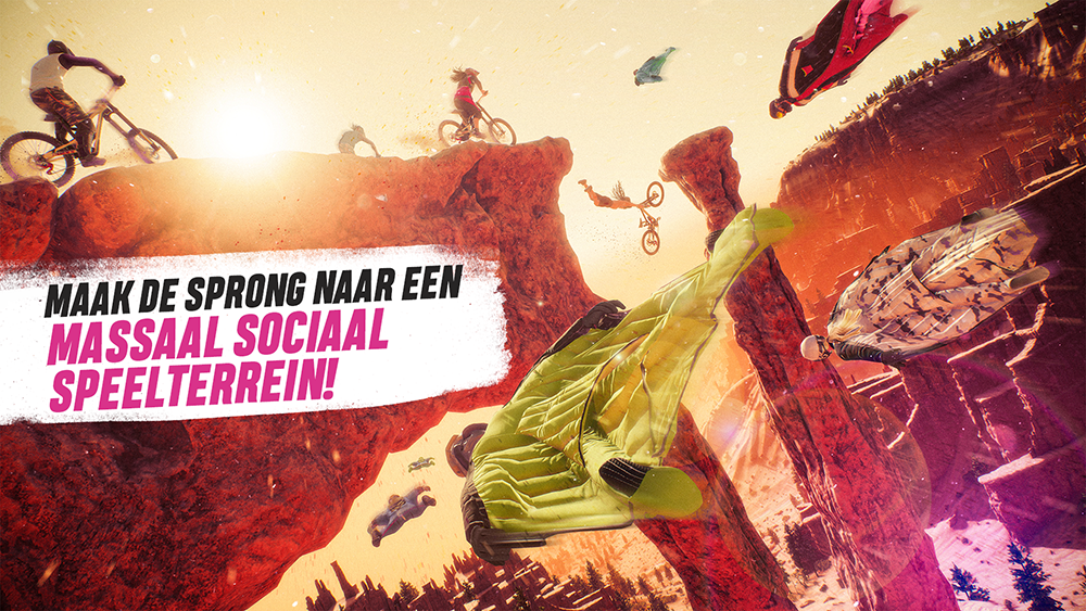 Actievolle afbeelding van mountainbikers en wingsuitvliegers boven een canyon. Tekst in het Nederlands.