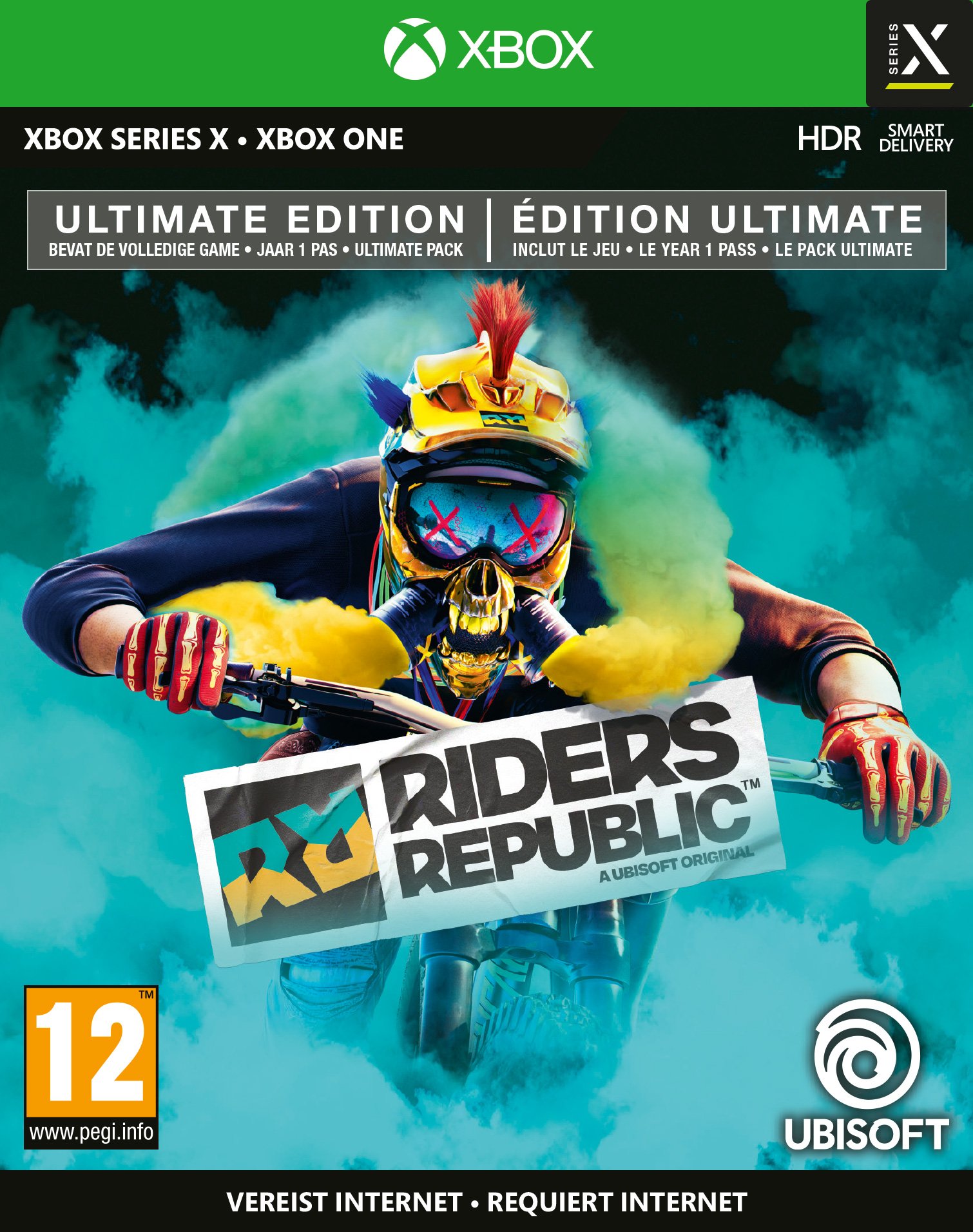Een persoon met helm rijdt op een fiets. De game Riders Republic wordt geadverteerd. Xbox Series X en Ubisoft logo's zijn zichtbaar.