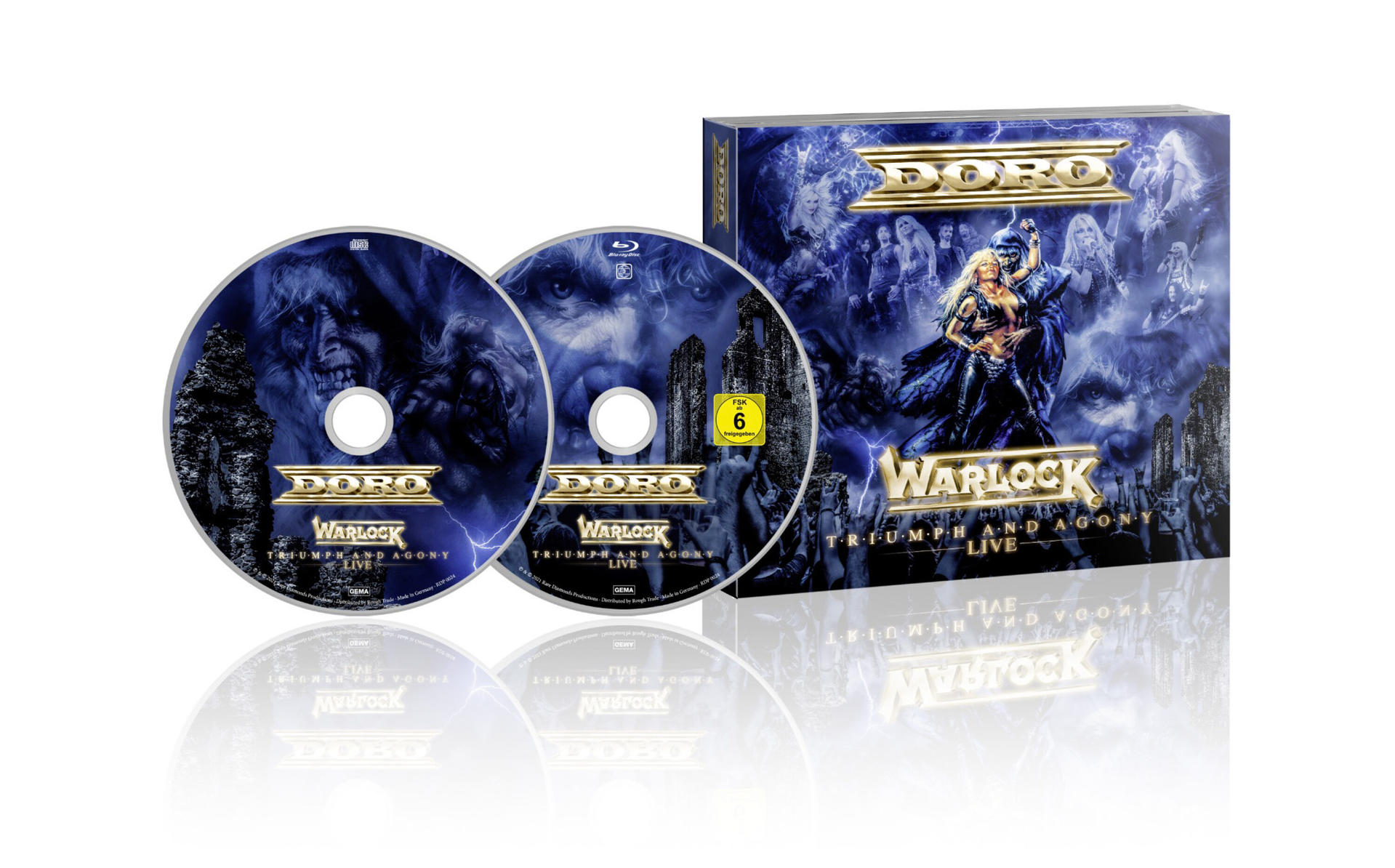 CD- und Blu-ray-Set. Enthält eine Box mit dem Albumcover, zwei Discs und eine Spiegelreflexion. Auf der Box steht 'Doro Warlock'.