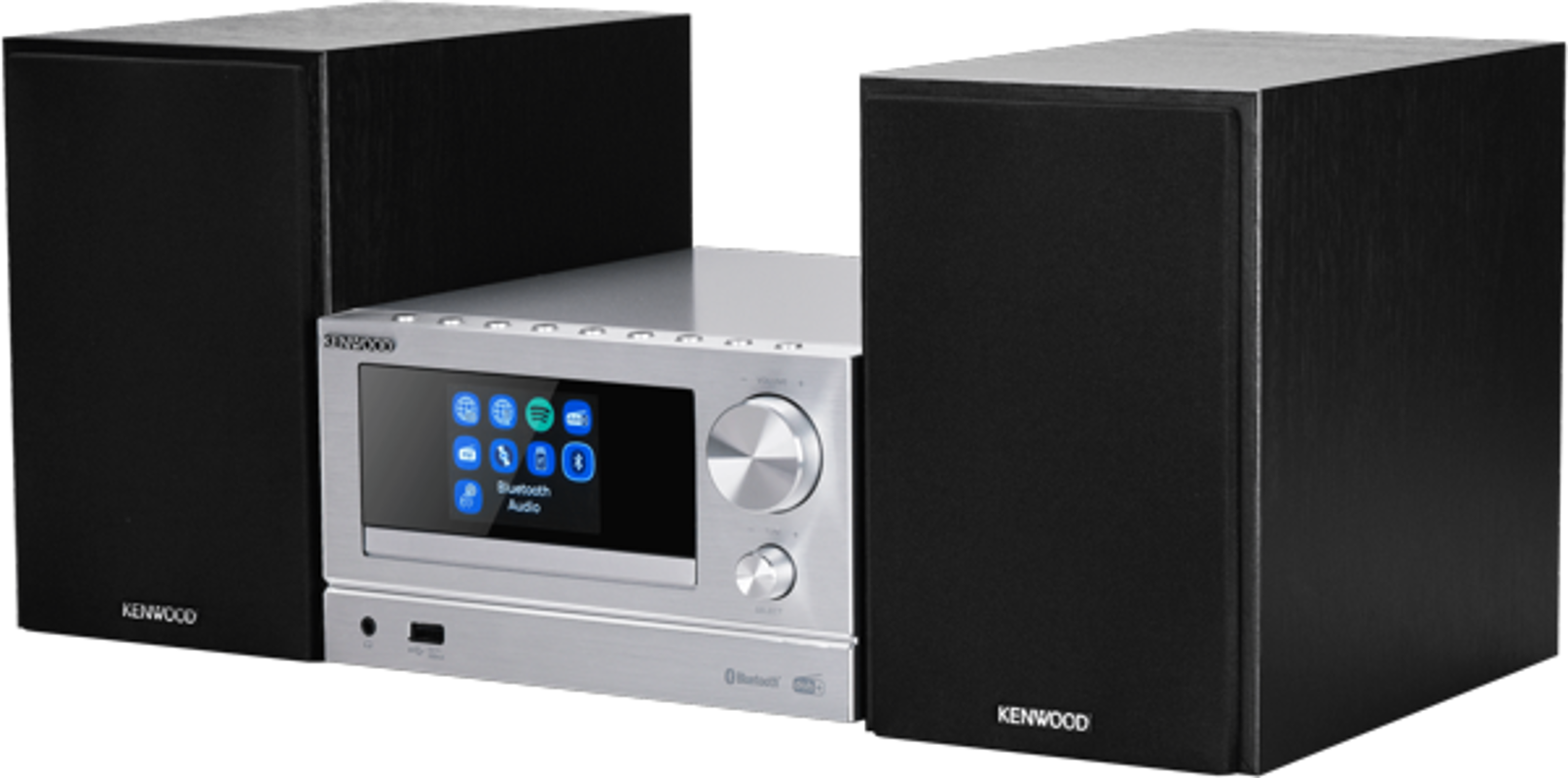 Silbernes Kenwood-Stereosystem mit zwei schwarzen Lautsprechern.
