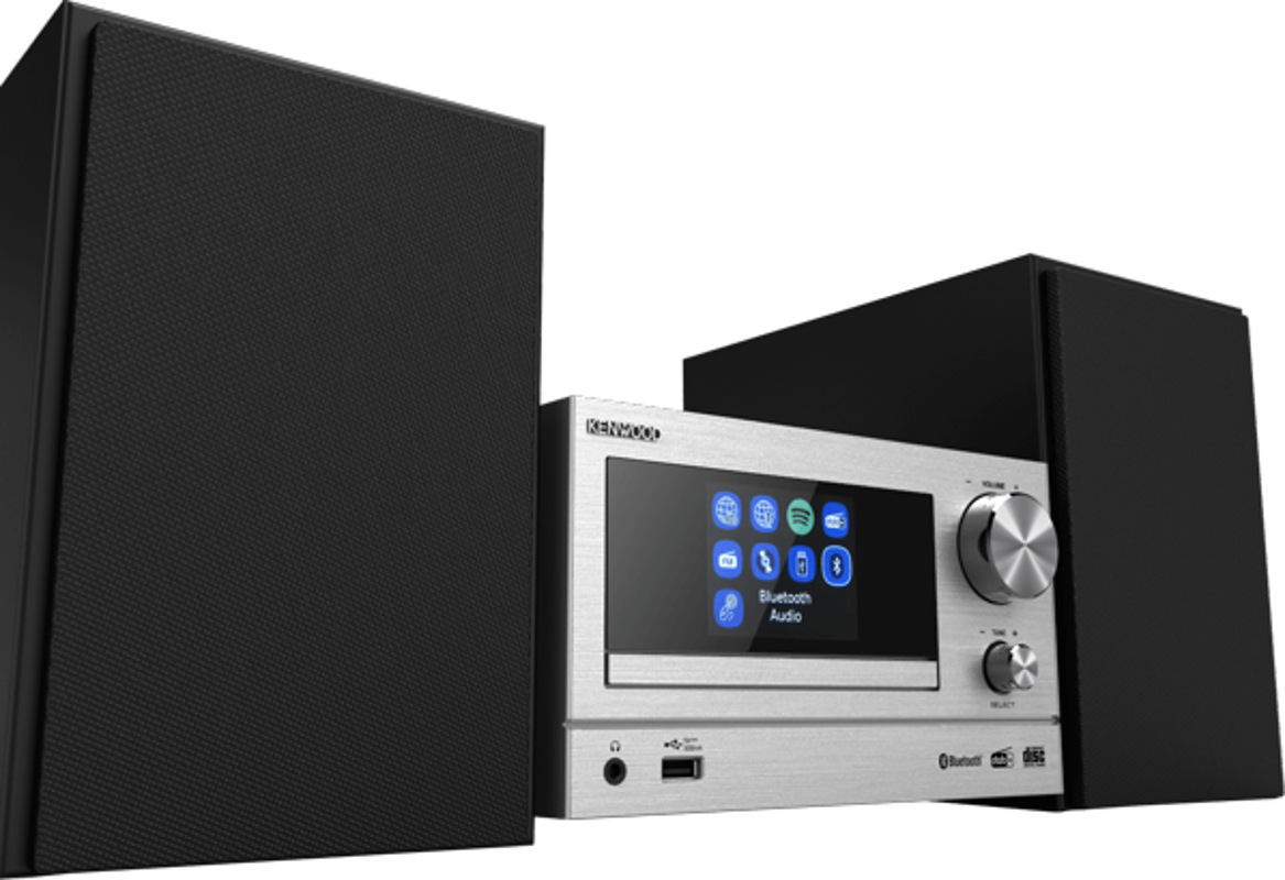 Kenwood Stereoanlage mit Lautsprechern und Bluetooth, USB-Eingängen.