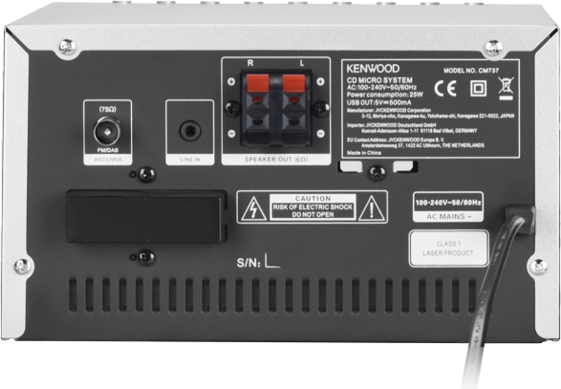 Rückseite des Kenwood CD-Mikrosystems mit Antenne, Lautsprecherausgang und Anschlüssen.