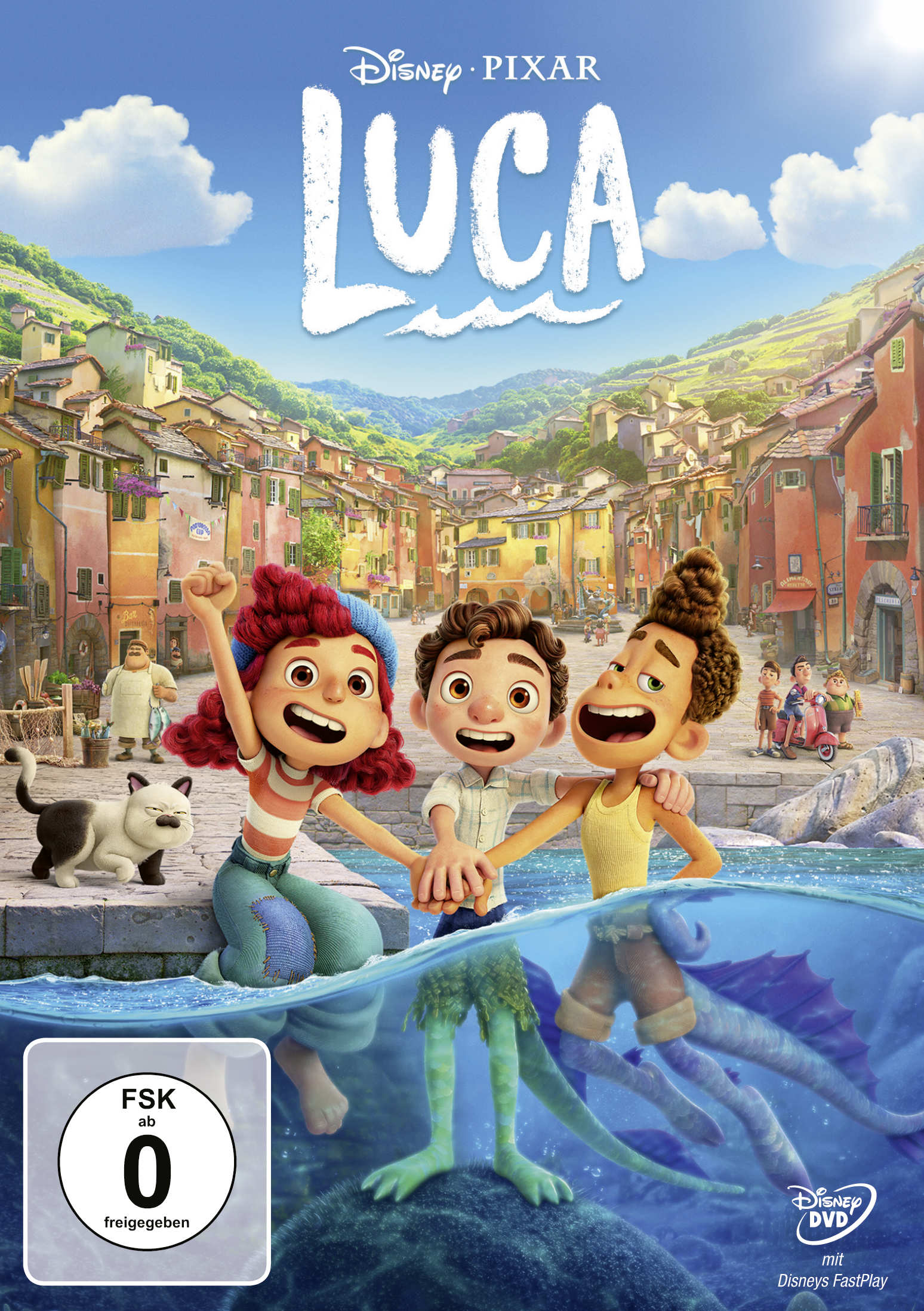 Luca-Filmplakat mit Charakteren und italienischer Stadt.