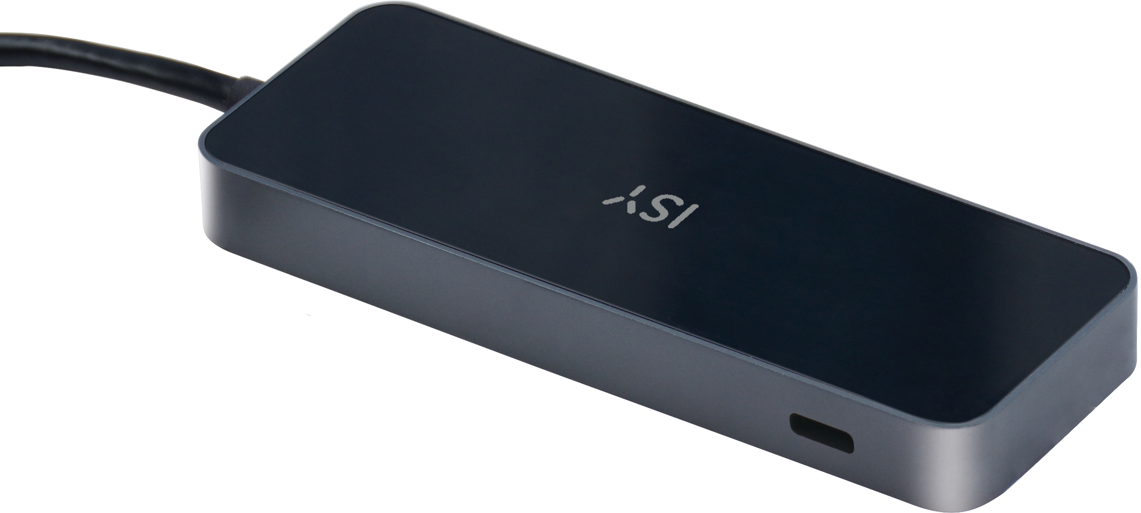 Ein dunkelgrauer USB-C-Hub mit schwarzem Kabel.