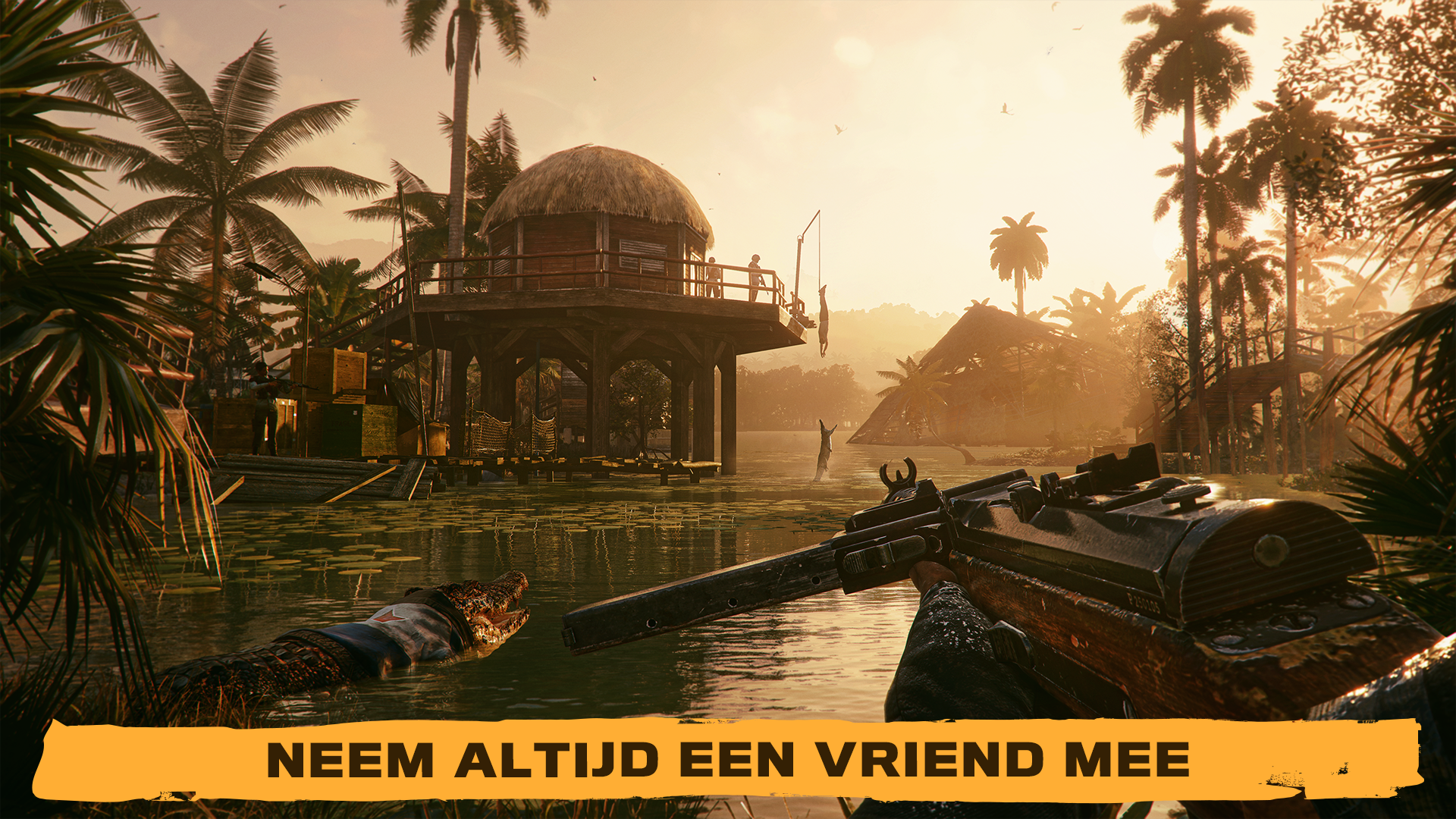 Game scene: tropische omgeving, personage met een geweer en een krokodil in water.