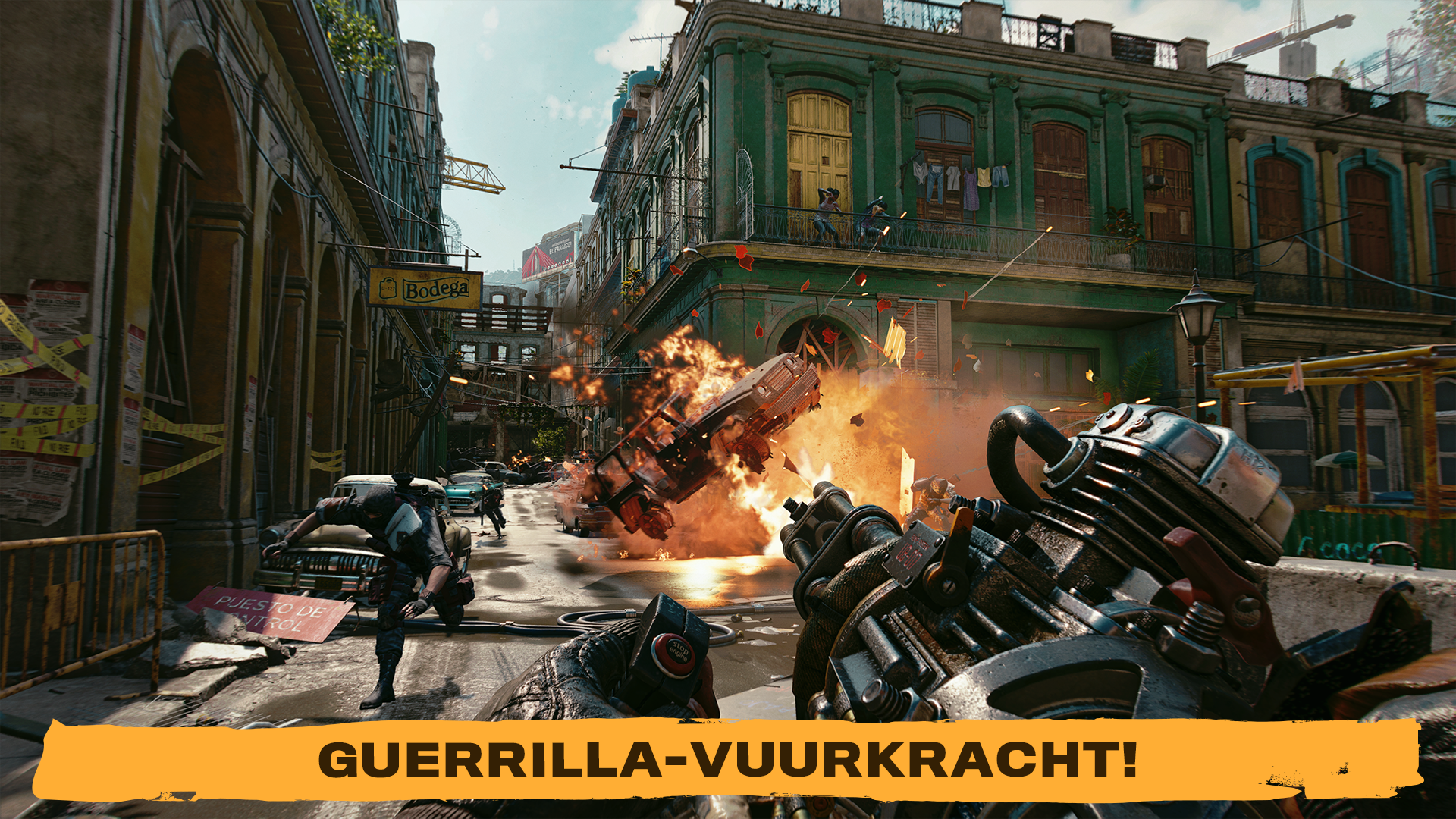Far Cry 6 gameplay, explosies in de stad, personage dat een wapen afvuurt.