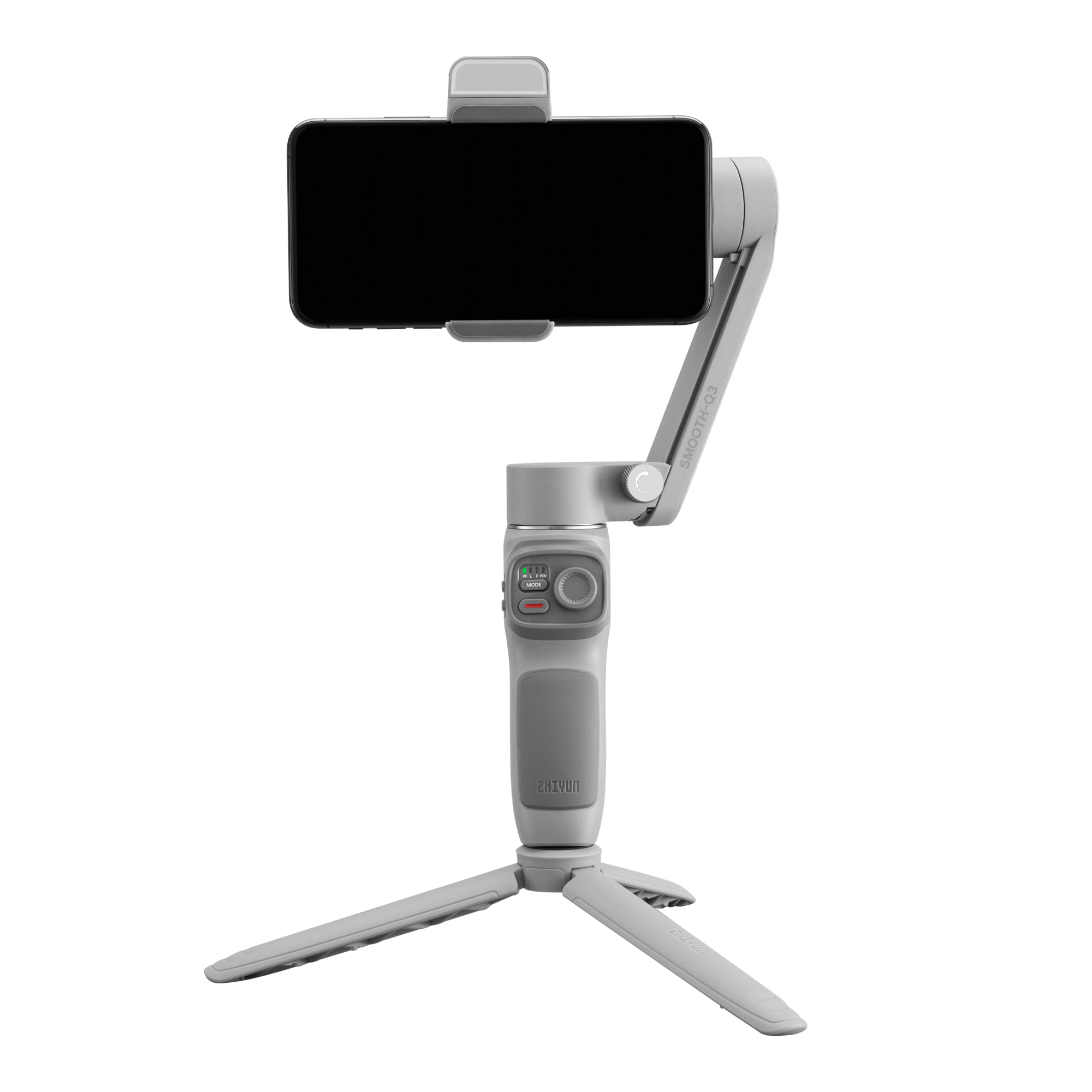 Takılı bir telefon ile gri bir akıllı telefon gimbal sabitleyici. Bir tripod var.