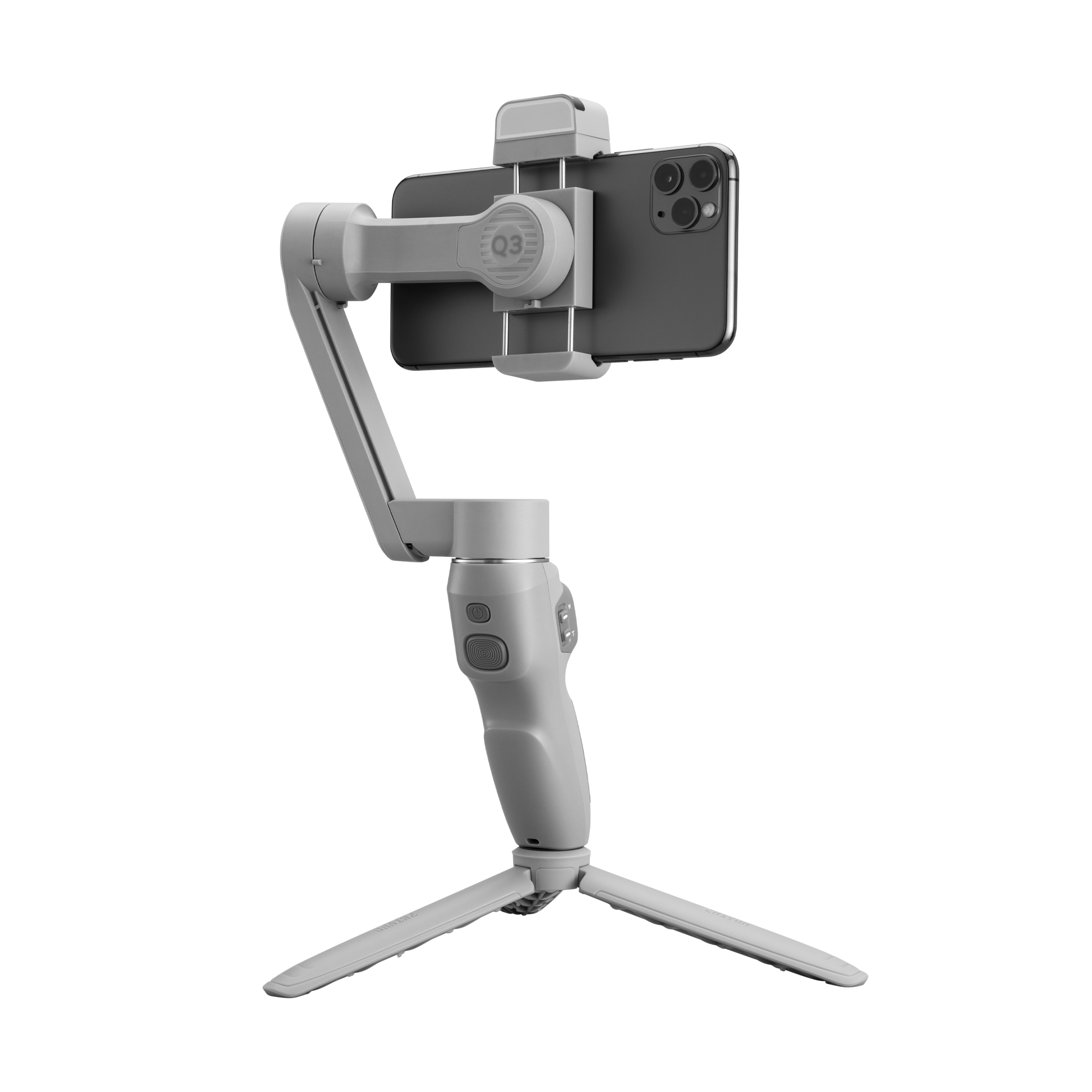 Takılı bir telefon ve tripod bacakları olan gri bir akıllı telefon sabitleyici.