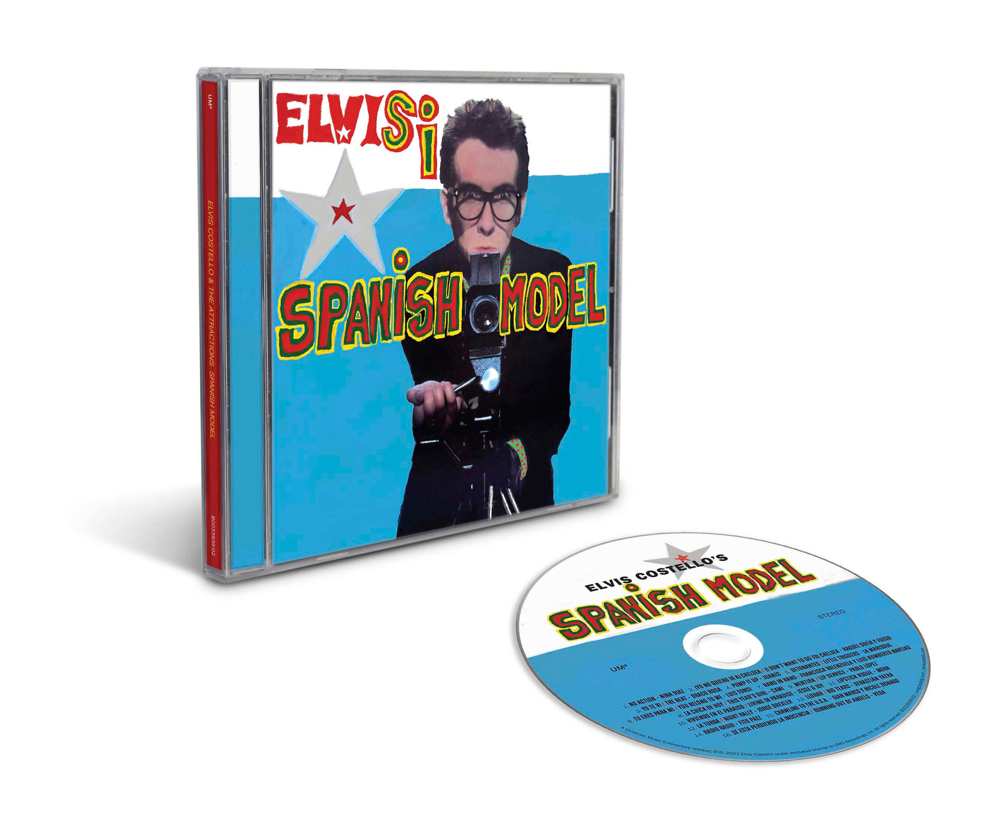 Boîtier et disque CD de l'album Spanish Model d'Elvis Costello sur fond blanc.