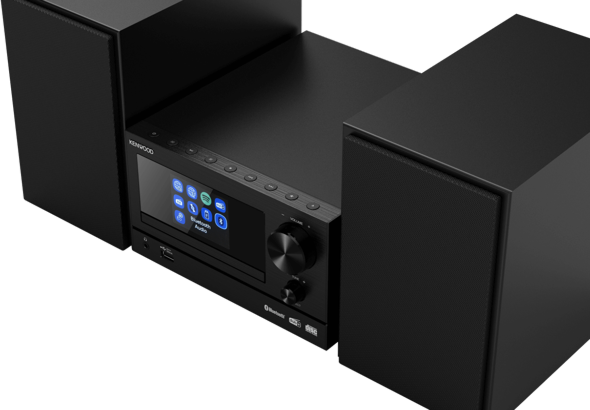 Schwarzes Kenwood Stereoanlage mit zwei Lautsprechern, einer Mittelkonsole und einem Display.