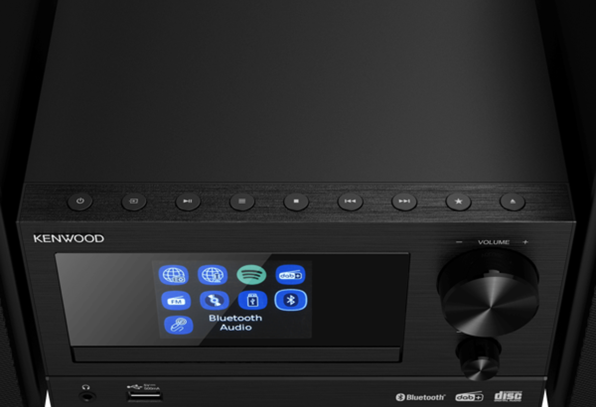 Schwarzes Kenwood Audiosystem mit Display und Knöpfen.