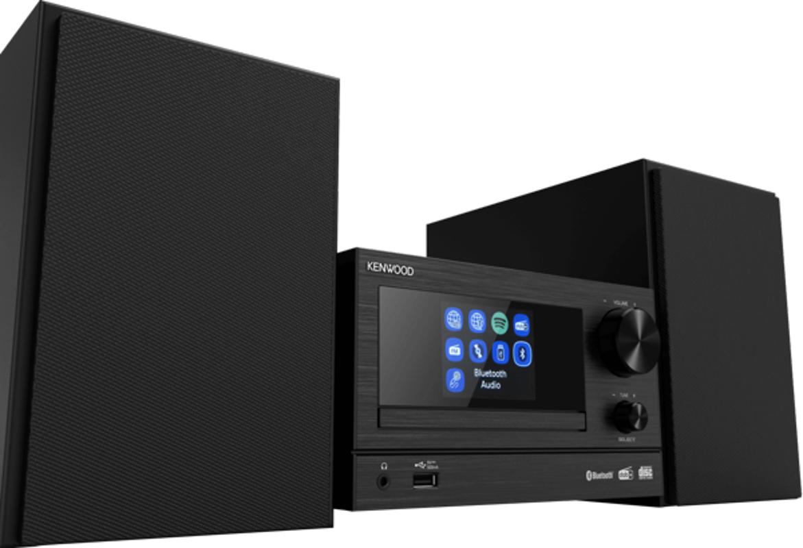 Ein schwarzes Kenwood-Stereosystem mit zwei Lautsprechern und einem Bildschirm.