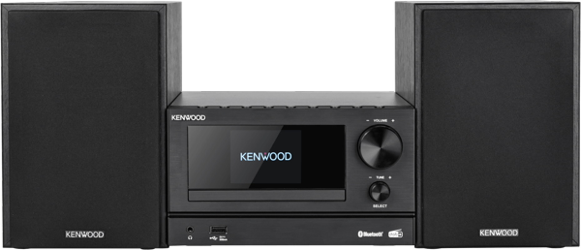 Schwarzes Kenwood-Stereosystem mit Lautsprechern auf beiden Seiten der Haupteinheit.