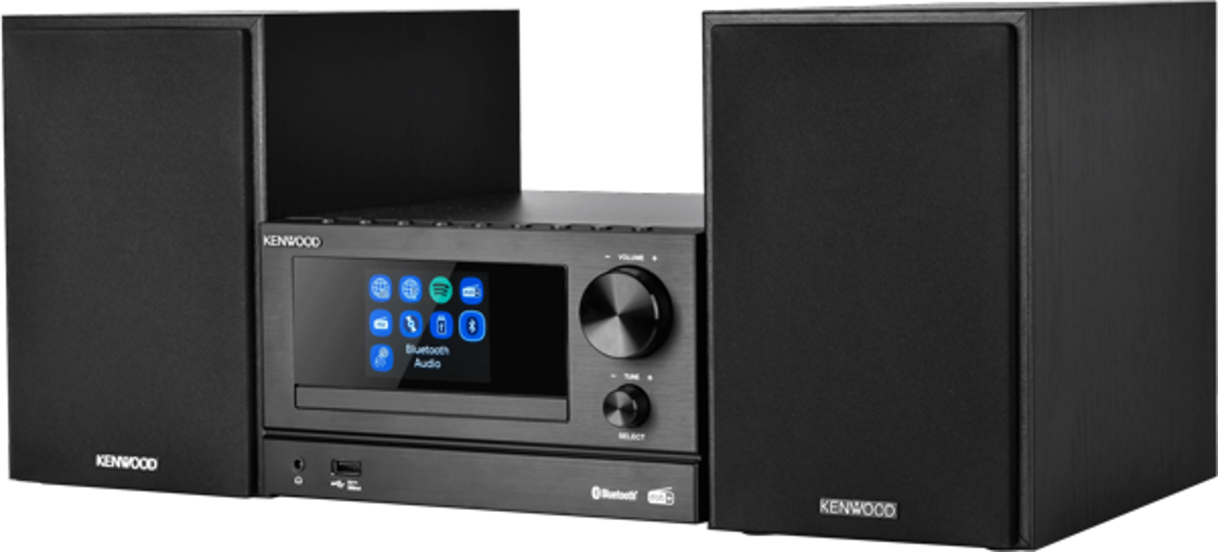 Ein schwarzes Kenwood-Stereosystem mit Lautsprechern auf beiden Seiten.