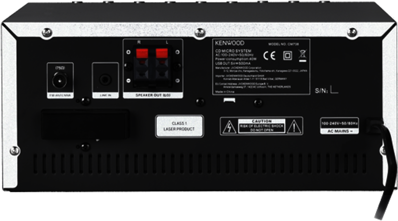 Die Rückseite eines Kenwood CD-Mikrosystems mit Anschlüssen und Etiketten wird gezeigt.