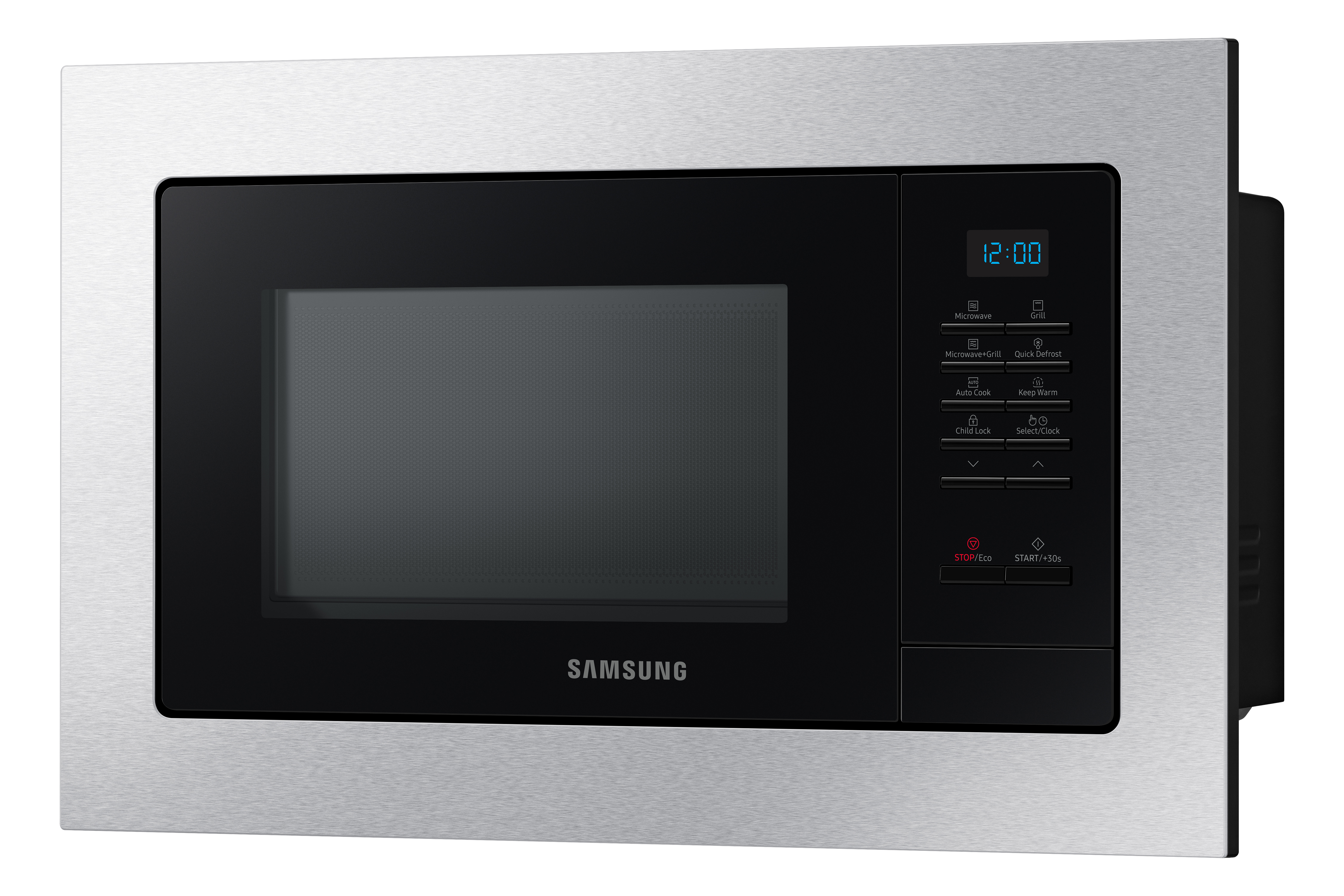 Un horno microondas de acero inoxidable con panel de control y pantalla negros.