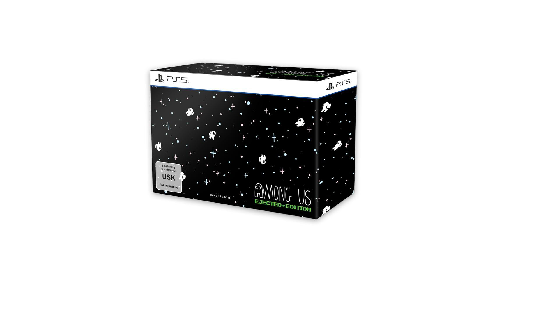 Eine schwarze Box mit Sternenmuster und dem Among Us Logo. Auf der Box steht "Ejected Edition".