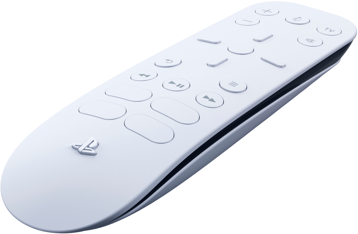 White remote control with multiple buttons. PlayStation logo present.