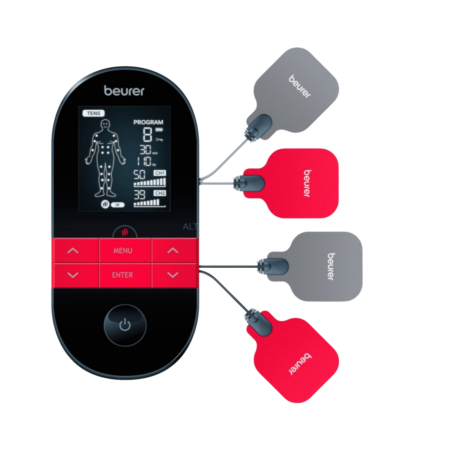 Electroestimulador Beurer 59 heat estimulación muscular masaje y terapia de calor negro digital em59 con tens ems 2 canales 4 electrodos pads gel intensidad