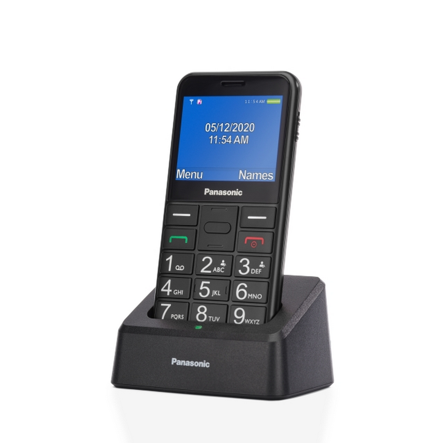 Teléfono móvil negro de Panasonic en una base de carga, que muestra la fecha y la hora.