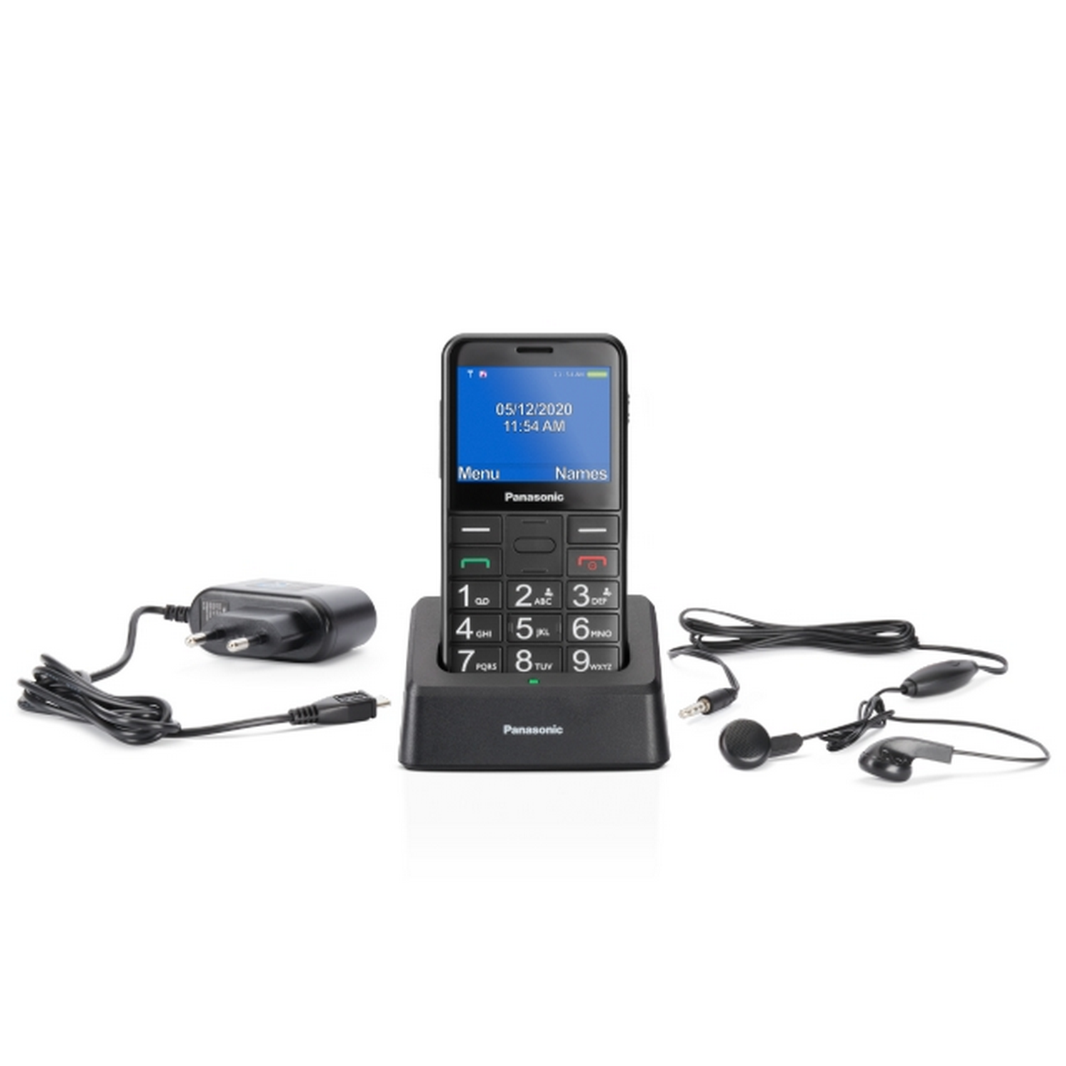 Teléfono móvil Panasonic en base de carga, cargador y auriculares.