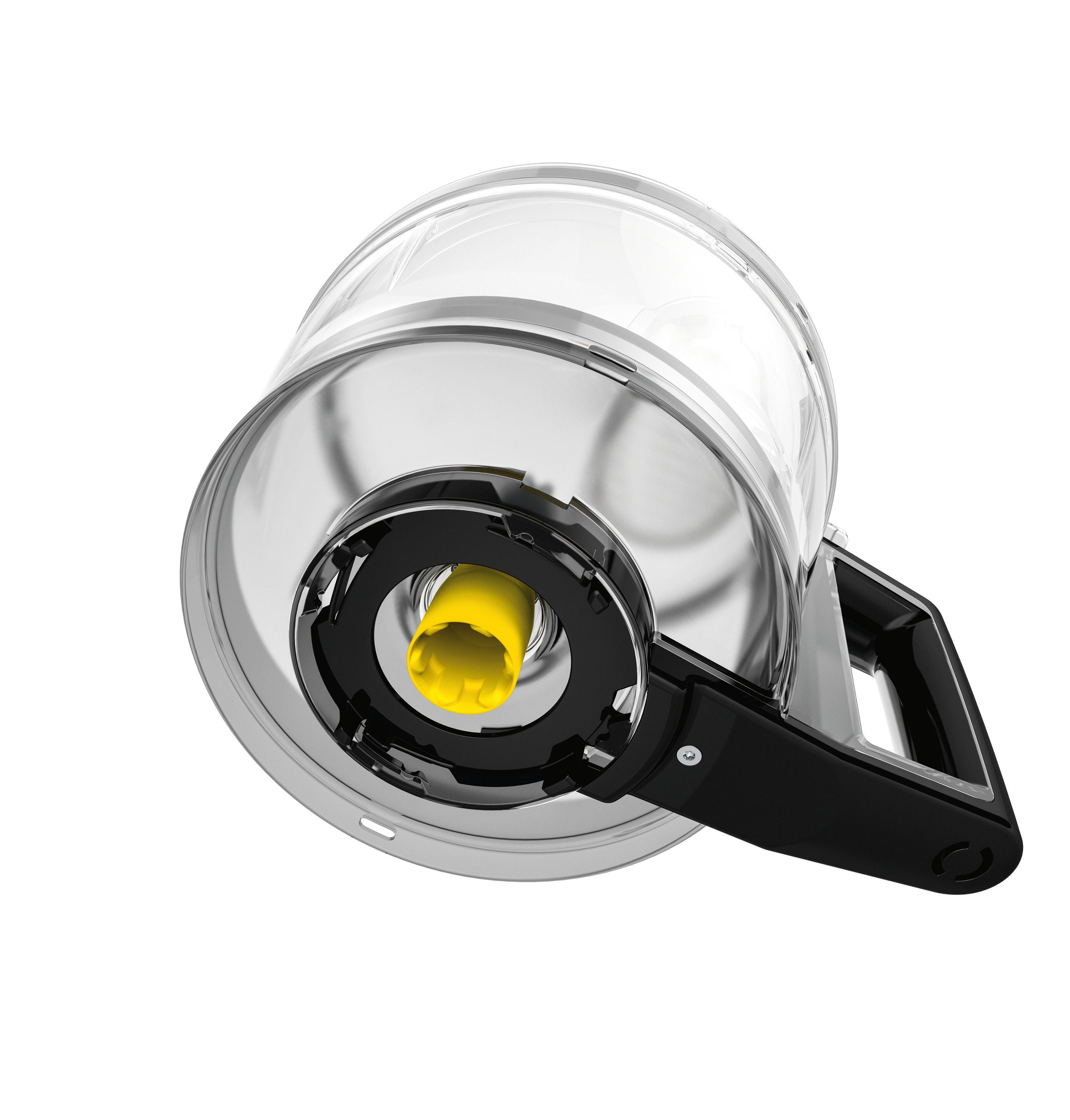 Ein transparenter Behälter mit gelbem Einsatz, Teil eines Staubsaugers.