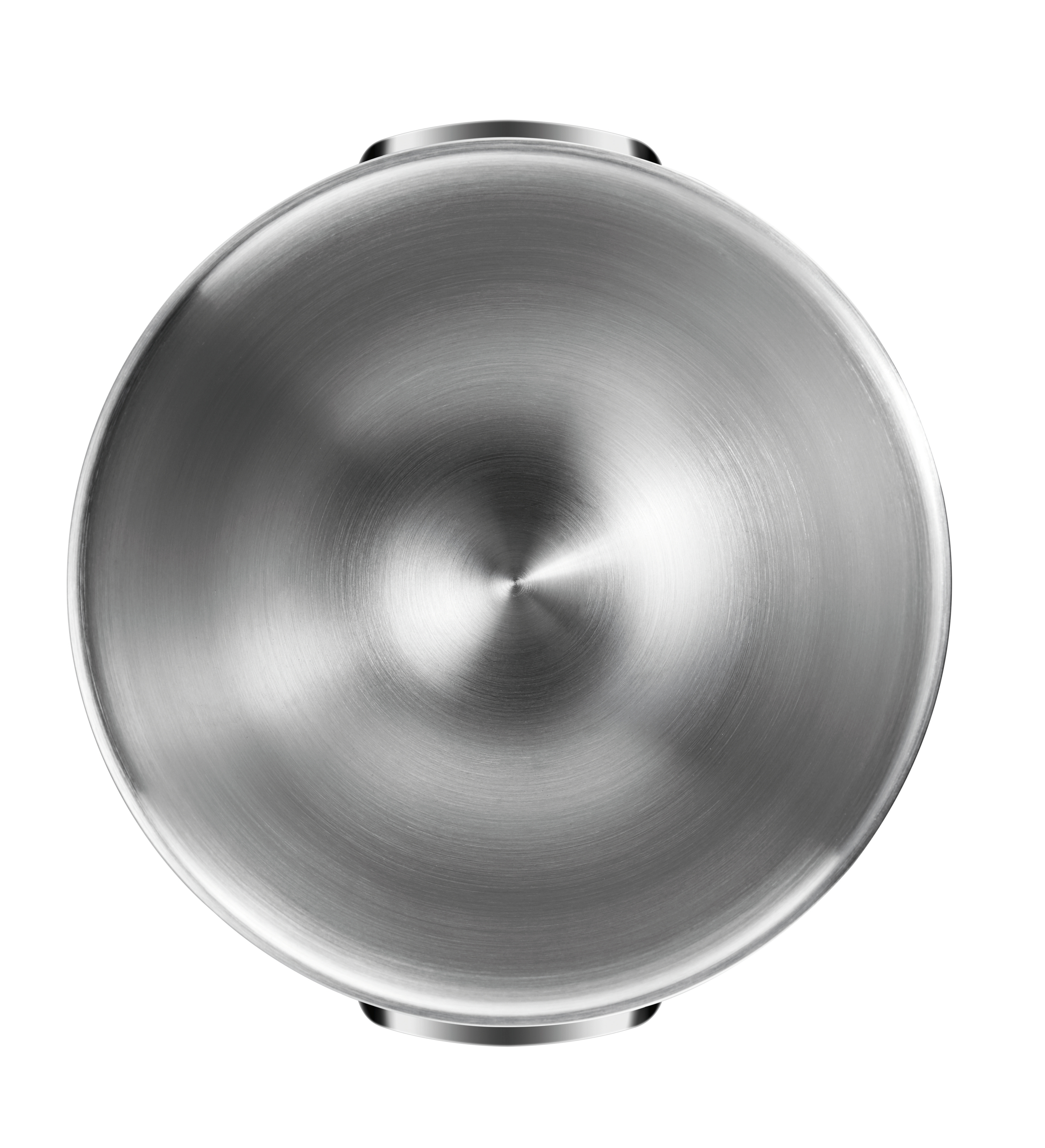 Glänzendes, metallisches, kreisförmiges Objekt, möglicherweise ein Deckel oder eine Schüssel.