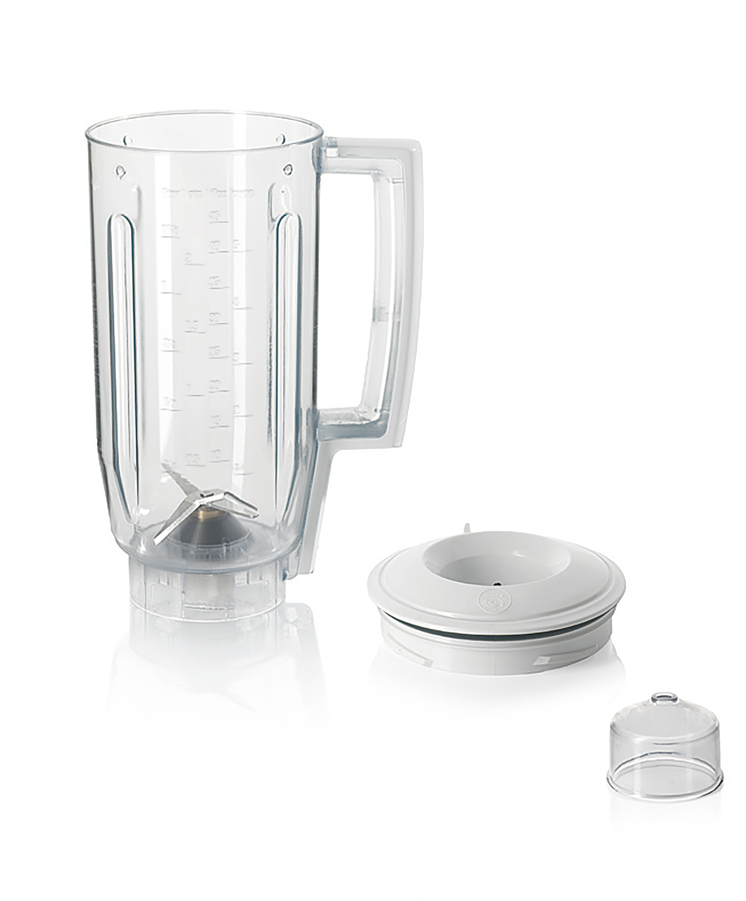 Transparente Mixerteile, mit einem Mixbehälter, Deckel und einem kleinen Messbecher.