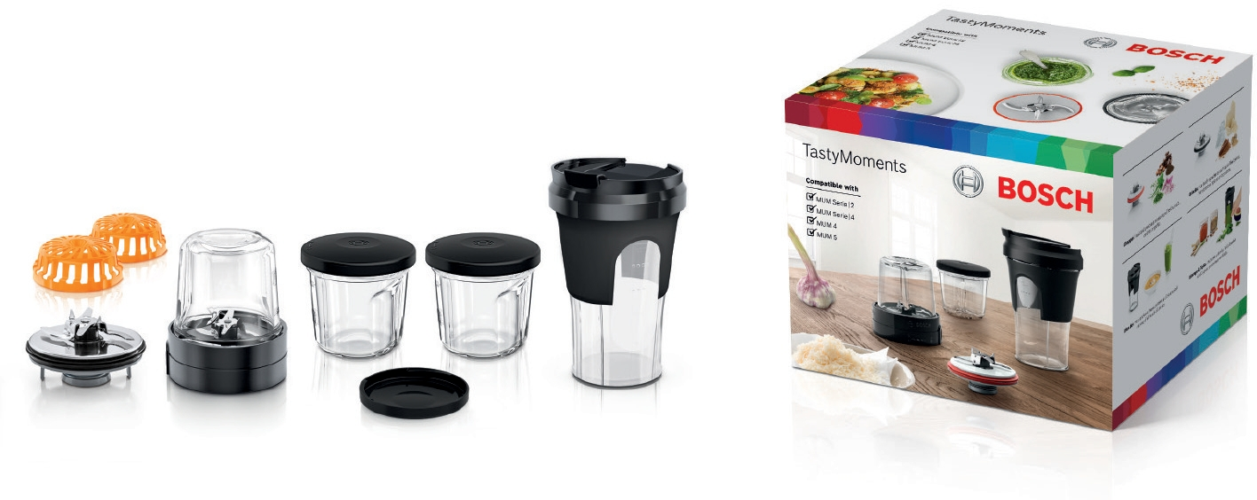 Bosch Tasty Moments Blender-Set mit Komponenten und Box, die verschiedene Zubehörteile zeigt.