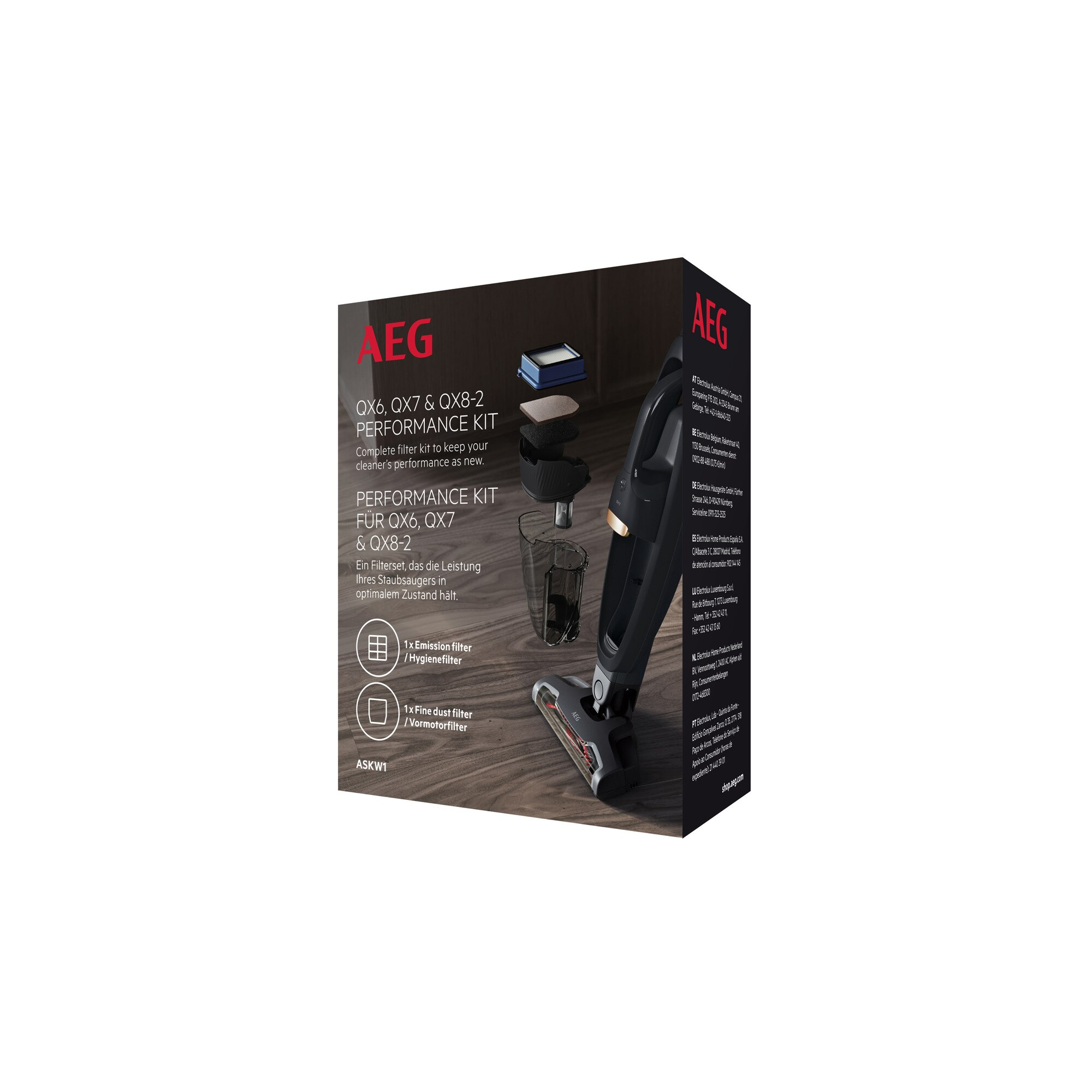 Ein AEG Staubsauger-Filter-Ersatz-Kit in einer Box.
