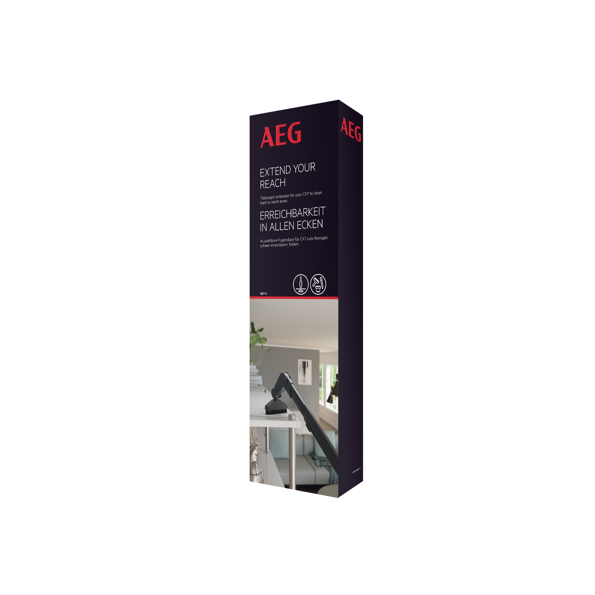 AEG Staubsaugerbox, die Produkt und Funktionen zeigt.